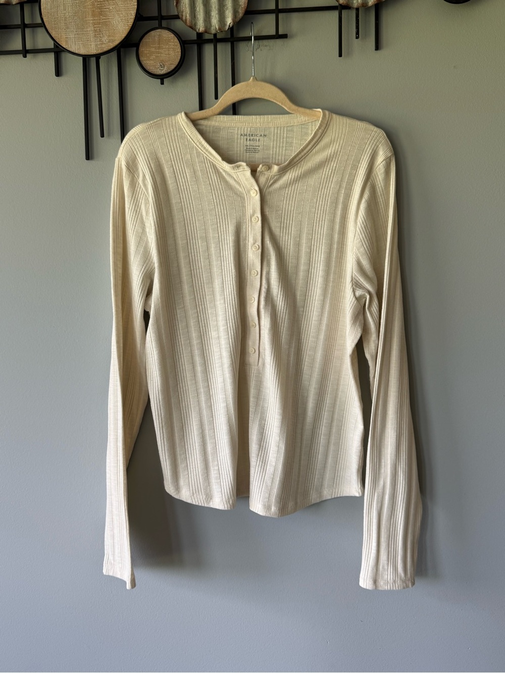 American Eagle Outfitters Cream Ribbed Henley Long Sleeve Top